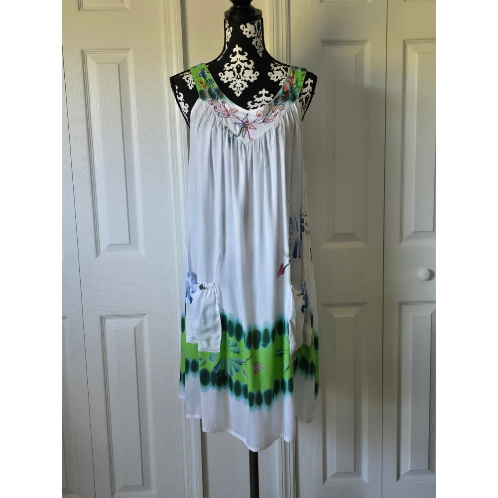 ONE SIZE Island Planet White Green Tie Dye Embroidered Sleeveless‎ Beach Dress